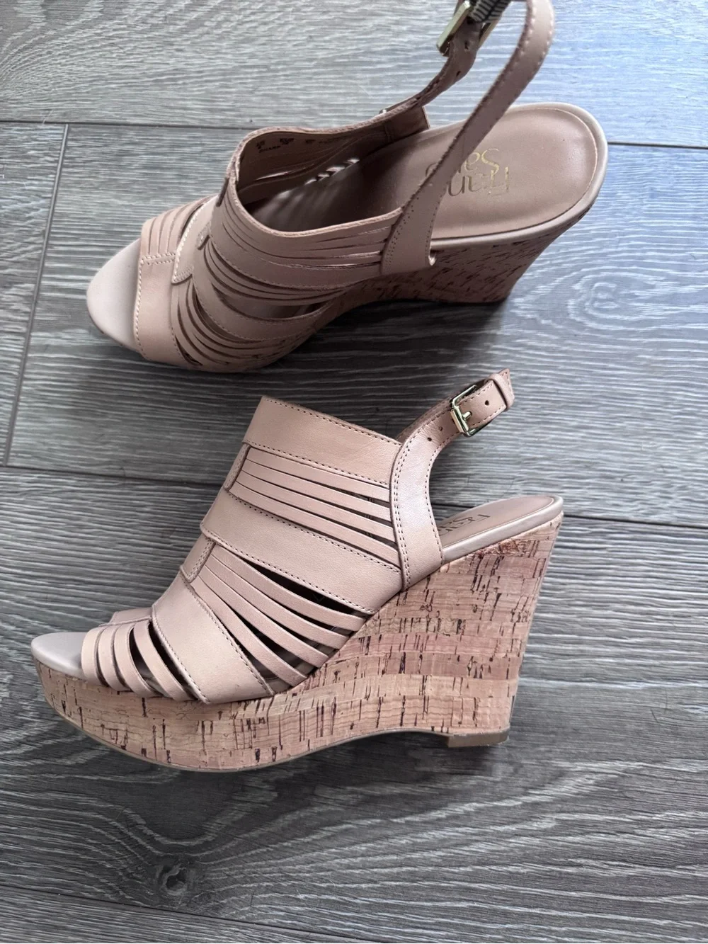 Franco Sarto Sharp tan leather cork wedge slingback sandals